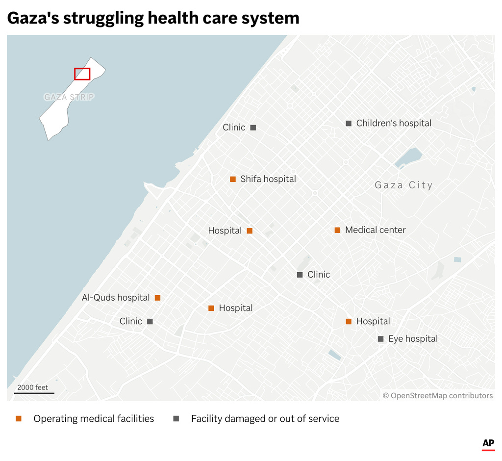 The map above shows Gaza City medical facilities that are operating or out of service. (AP Digital Embed)