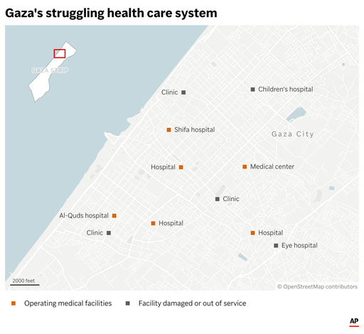 The map above shows Gaza City medical facilities that are operating or out of service. (AP Digital Embed) The map above shows Gaza City medical facilities that are operating or out of service. (AP Digital Embed)