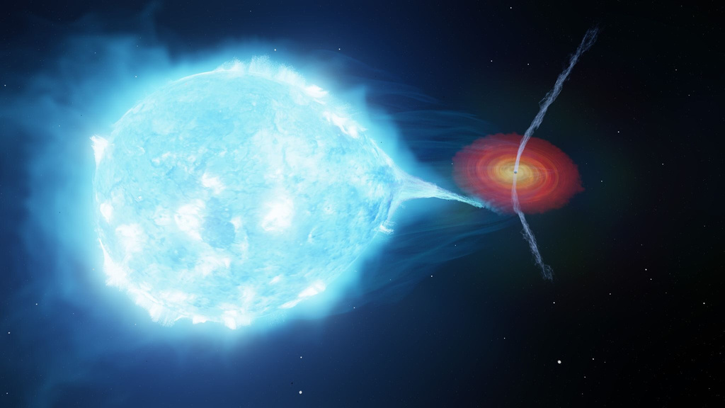 This image provided by International Centre for Radio Astronomy Research (ICRAR) shows the strong stellar wind from the supergiant star pushes the jets launched by the black hole away from the star. ( (International Centre for Radio Astronomy Research (ICRAR) via AP)