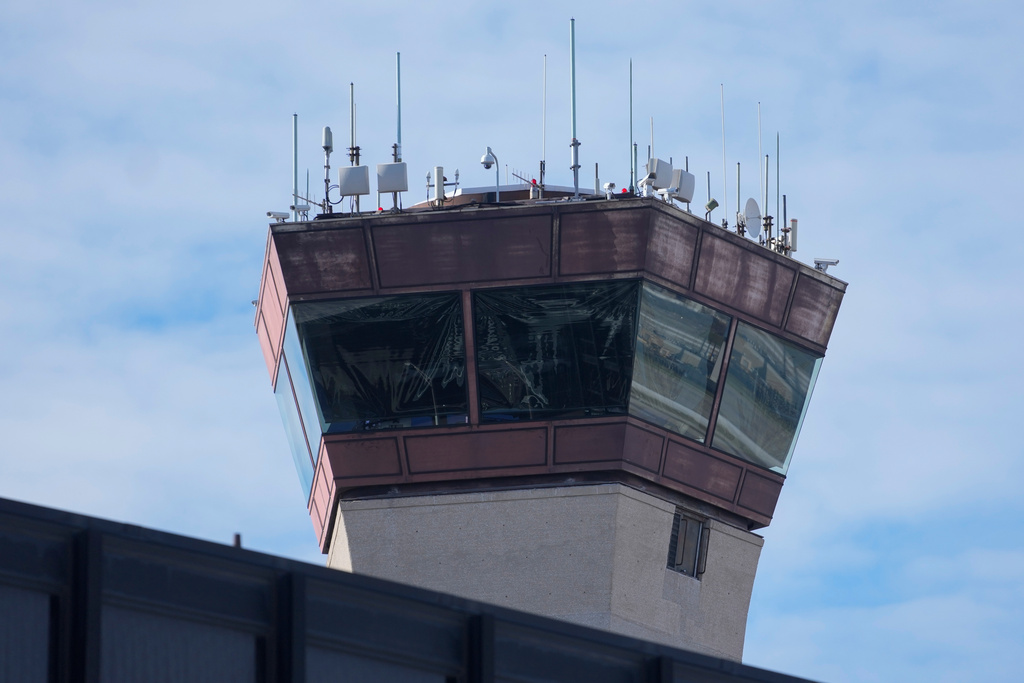 An air traffic control tower is seen at O'Hare International Airport, Monday, Nov. 10, 2025, in Chicago. (AP Photo/Erin Hooley)