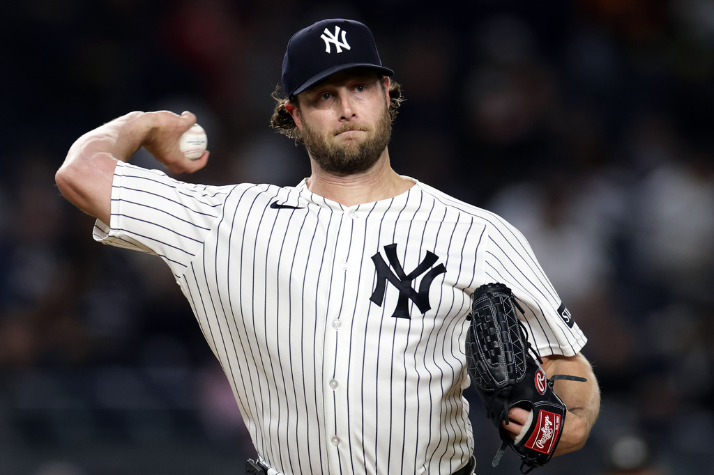 New York Yankees pitcher Gerrit Cole throws during the first inning of a baseball game against the Tampa Bay Rays, Wednesday, Sept. 23, 2026, in New York. (AP Photo/Adam Hunger)
