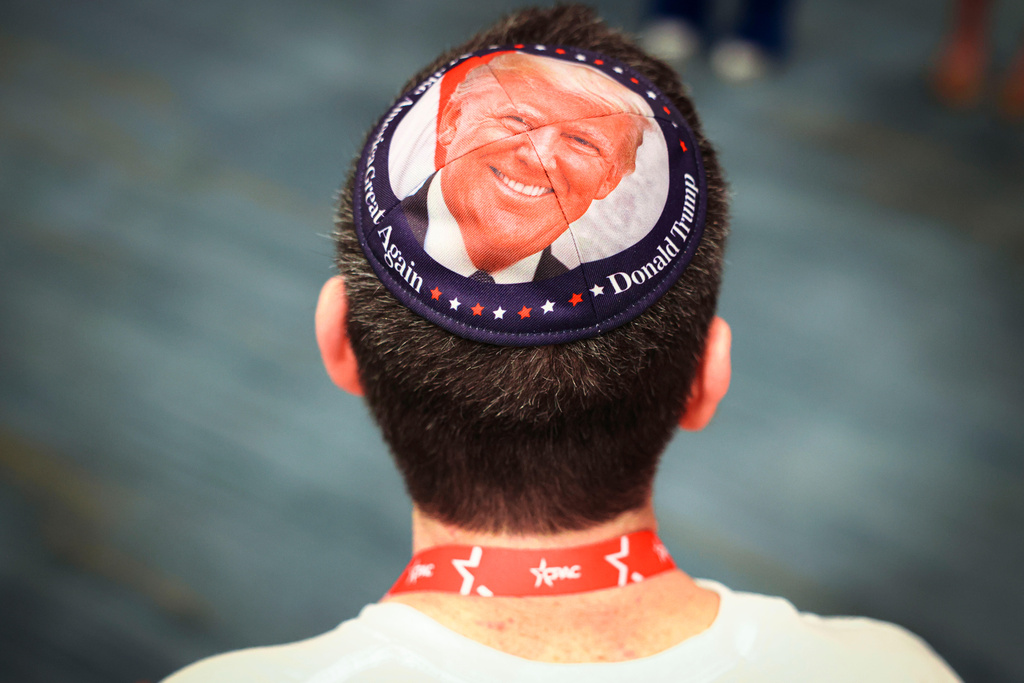 Ariel Kohane wears a kippah designed with an image of President Donald Trump during the Conservative Political Action Committee at the Gaylord Texan Resort and Conference Center, in Grapevine, Texas, Thursday, March 26, 2026. (Shafkat Anowar/The Dallas Morning News via AP)