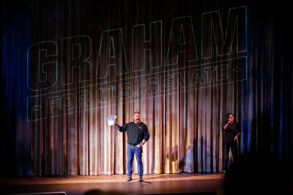 Democratic Maine Senate candidate Graham Platner speaks at a town hall in Ogunquit, Maine, Wednesday, Oct. 22, 2025. (AP Photo/Caleb Jones)