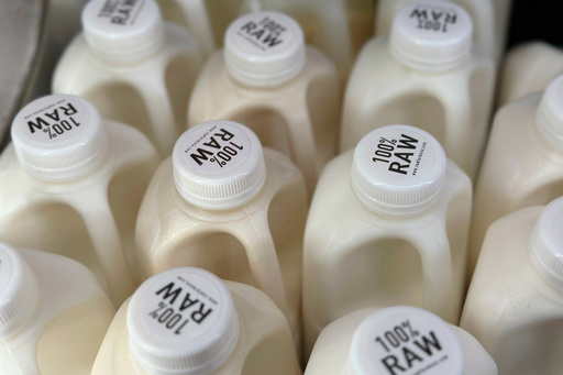 FILE - Bottles of raw milk are displayed for sale at a store in Temecula, Calif., on Wednesday, May 8, 2024. (AP Photo/JoNel Aleccia, File) FILE - Bottles of raw milk are displayed for sale at a store in Temecula, Calif., on Wednesday, May 8, 2024. (AP Photo/JoNel Aleccia, File)