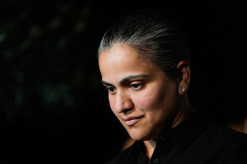 State Sen. Aisha Wahab, a Democratic candidate for Congress in California's 14th district, speaks during a primary election night event on Tuesday, Aug. 18, 2026, in Hayward, Calif. (AP Photo/Jeff Chiu)