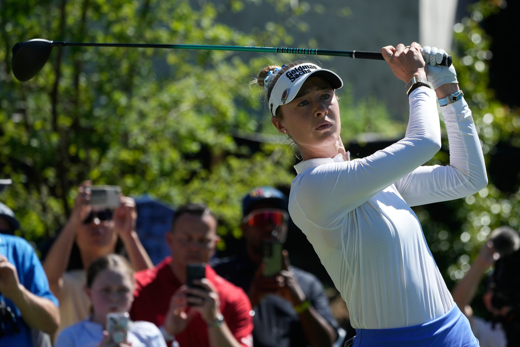Nelly Korda, of the United States, hits from the fifth tee during the first round of the LPGA Fortinet Founders Cup golf tournament, Thursday, March 19, 2026, in Menlo Park, Calif. (AP Photo/Jeff Chiu)