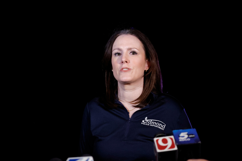 Emily Ward with the Edmond Police gives an update on a campground shooting at Arcadia Lake in Edmond, Okla., Saturday, May 3, 2026. (AP Photo/Alonzo Adams)