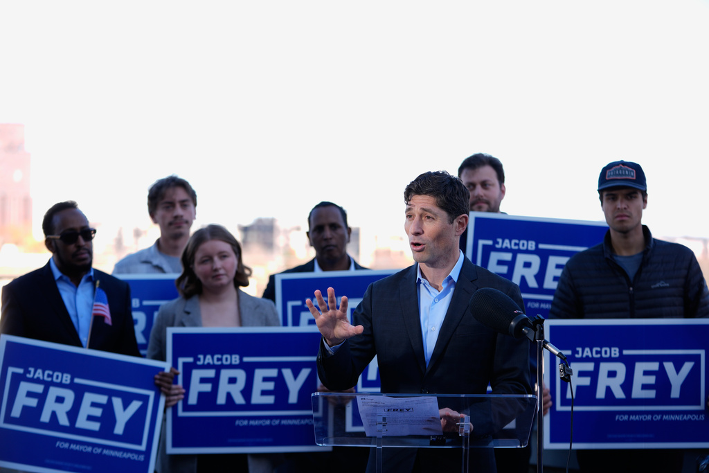 Minneapolis Mayor Jacob Frey talks during a news conference after his reelection Wednesday, Nov. 5, 2025, in Minneapolis. (AP Photo/Abbie Parr)