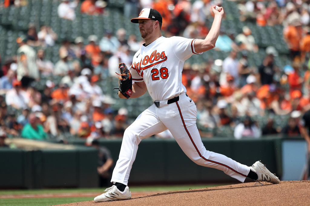 Baltimore Orioles pitcher Trevor Rogers throws during the first inning of a baseball game against the San Diego Padres, Sunday, June 14, 2026, in Baltimore. (AP Photo/Daniel Kucin Jr.)