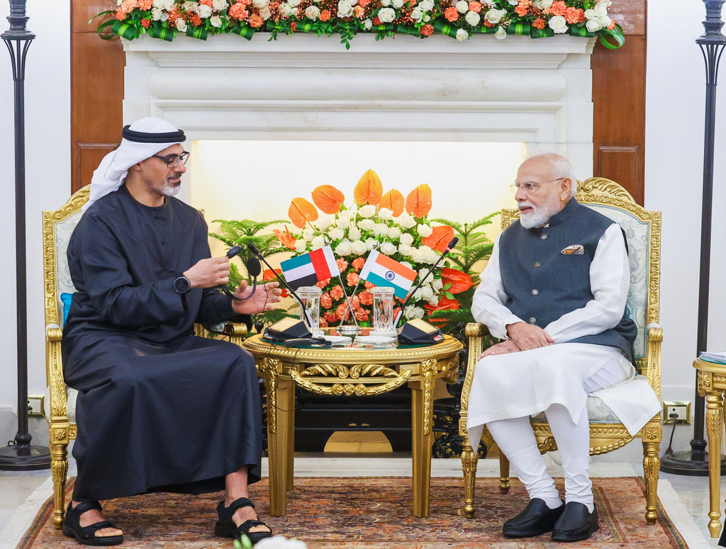 Indian Prime Minister Narendra Modi, right, talks with the leader of the United Arab Emirates, Sheikh Mohammed bin Zayed Al Nahyan during a meeting on the sidelines of the BRICS Summit in New Delhi, India, Saturday, Sept. 12, 2026. (Indian Prime Minister's Office via AP )