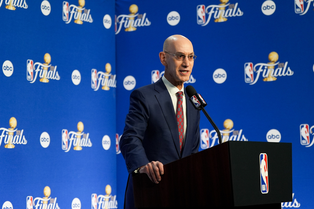 NBA Commissioner Adam Silver speaks prior to Game 1 of the NBA Finals basketball series between the New York Knicks and the San Antonio Spurs, Wednesday, June 3, 2026, in San Antonio. (AP Photo/Eric Gay)