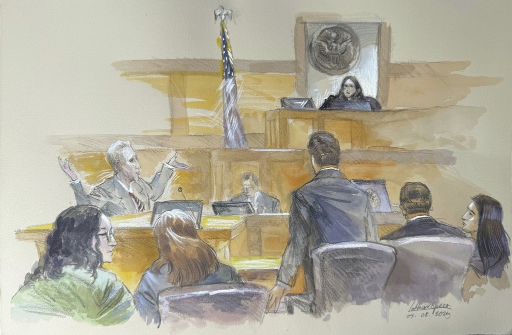 This courtroom sketch shows Ryan Routh, left, throwing his arms up directed at U.S. District Judge Aileen Cannon in frustration as jury selection begins in the trial of Routh, who is charged with attempting to assassinate Donald Trump last year at a golf course in South Florida, Monday, Sept. 8, 2025, in Fort Pierce, Fla. (Lothar Speer via AP)