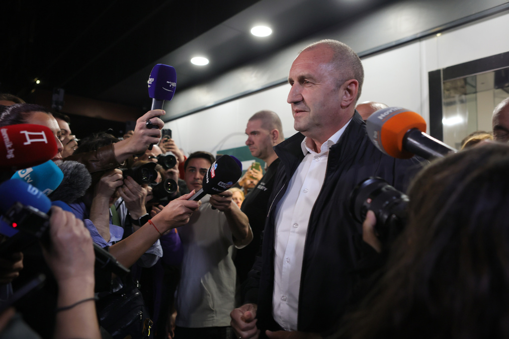 Former Bulgarian President Rumen Radev speaks to journalists after the polls closed in Sunday's election, in Sofia, Bulgaria, April 19, 2026. (AP Photo/Valentina Petrova)