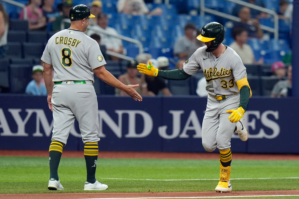 Athletics' Henry Bolte (33) celebrates his solo home run off Tampa Bay Rays pitcher Nick Martinez with third base coach Bobby Crosby (8) during the third inning of a baseball game Wednesday, Sept. 16, 2026, in St. Petersburg, Fla. (AP Photo/Chris O'Meara)