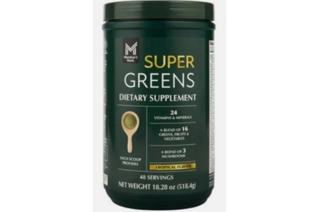 This image provided by the U.S. Food and Drug Administration on Friday, Oct. 31, 2025, shows packaging for the Member's Mark Super Greens Powder Supplement sold at Sam's Club stores. (FDA via AP)