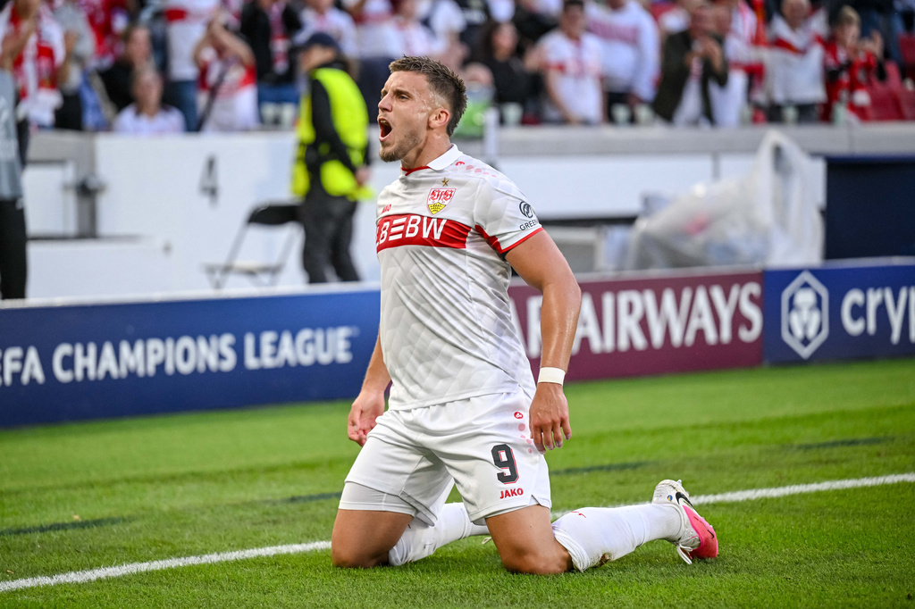 Stuttgart's Ermedin Demirovic celebrates after scoring his side's second goal during the Champions League opening phase soccer match between VfB Stuttgart and Viking FK in Stuttgart, Germany, Wednesday, Sept. 9, 2026. (Harry Langer/dpa via AP)