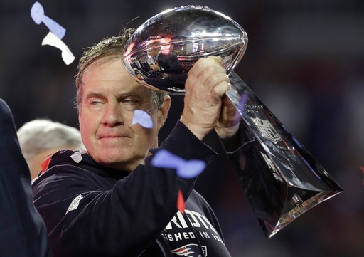 FILE - New England Patriots head coach Bill Belichick holds up the Vince Lombardi Trophy as he celebrates after the Patriots defeated the Seattle Seahawks 28-24 in NFL Super Bowl XLIX football game Sunday, Feb. 1, 2015, in Glendale, Ariz. (AP Photo/Patrick Semansky, File) FILE - New England Patriots head coach Bill Belichick holds up the Vince Lombardi Trophy as he celebrates after the Patriots defeated the Seattle Seahawks 28-24 in NFL Super Bowl XLIX football game Sunday, Feb. 1, 2015, in Glendale, Ariz. (AP Photo/Patrick Semansky, File)