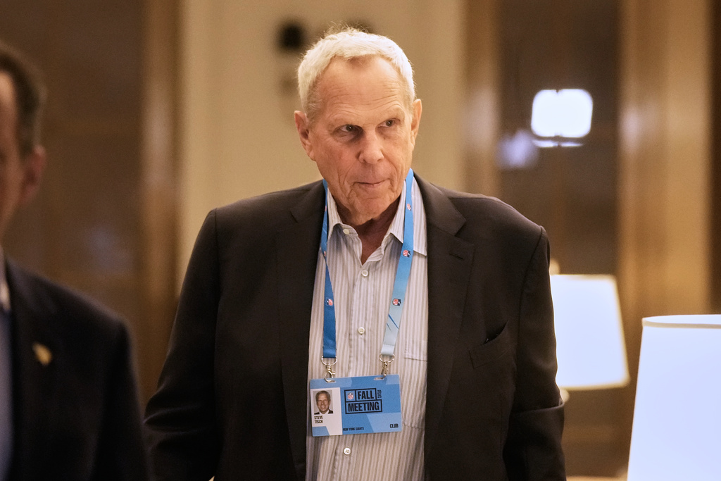 FILE - New York Giants co-owner Steve Tisch arrives for NFL owners meetings, in New York, Wednesday, Oct. 22, 2025. (AP Photo/Richard Drew, File)