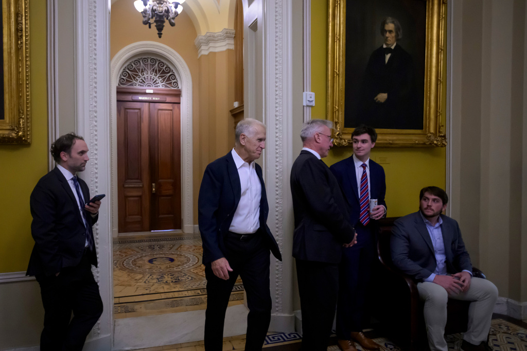 Sen. Thomas Tillis, R-N.C., walks through the U.S. Capitol during a recess, Friday, August 7, 2026 in Washington. (AP Photo/Rod Lamkey, Jr.)