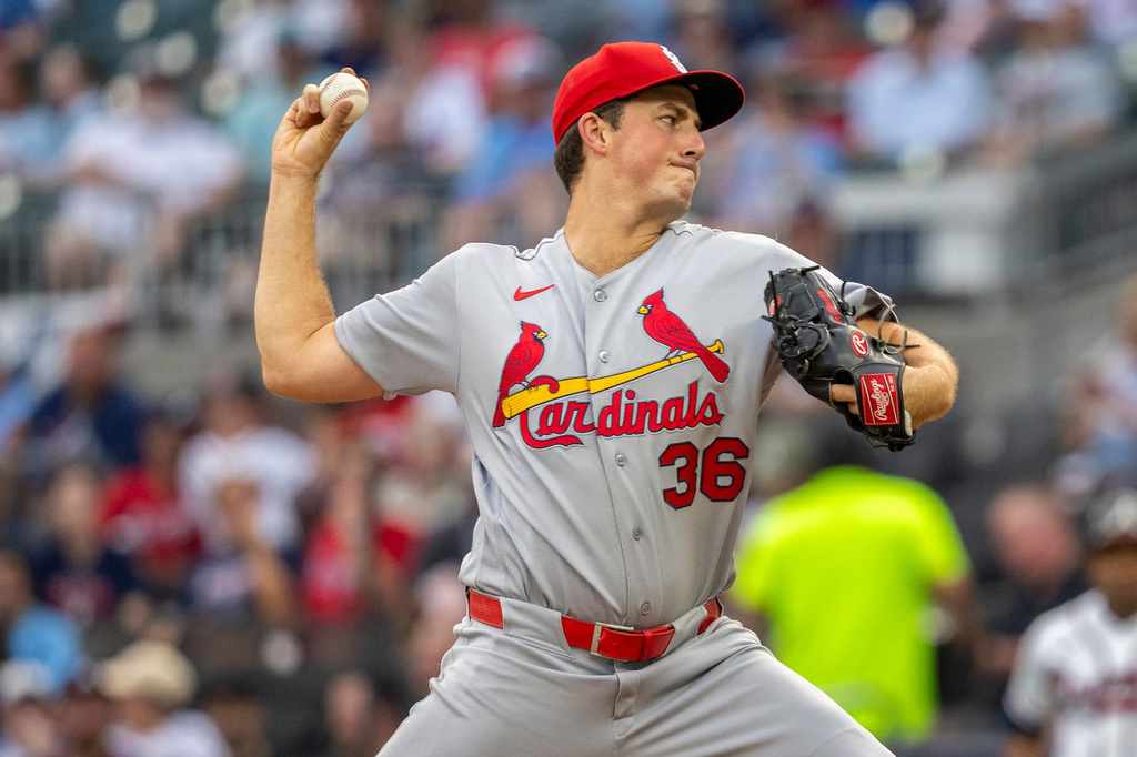 St. Louis Cardinals Michael McGreevy (36) throws a pitch during the first inning of a baseball game against the Atlanta Braves Wednesday, July 1, 2026, in Atlanta. (AP Photo/Erik Rank)