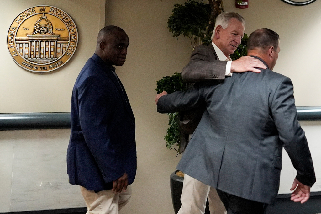 U.S. Sen. Tommy Tuberville, R-Ala., walks in the hallway at the Alabama State House during a special session of the Alabama Legislature, Wednesday, May 6, 2026, in Montgomery, Ala. (AP Photo/Mike Stewart)
