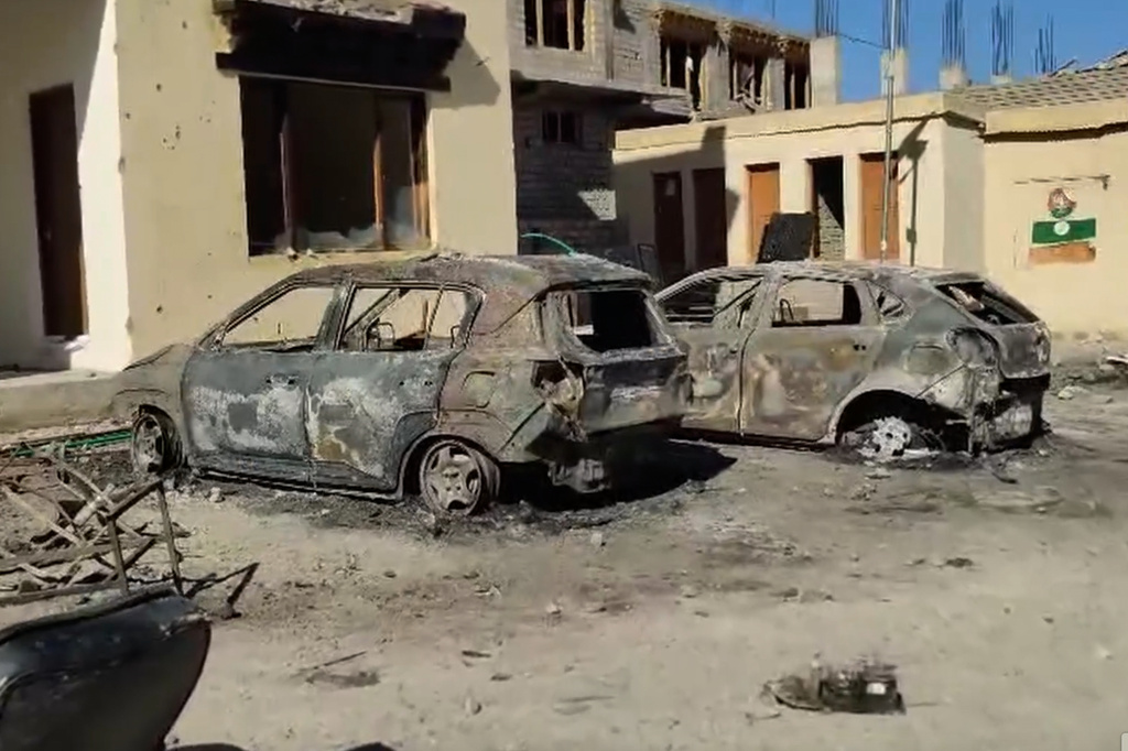 Burnt vehicles are seen at the local office of India’s ruling Bharatiya Janata Party a day after violent protests in Leh town, Ladakh, India, Thursday, Sept. 25, 2025. (AP Photo)