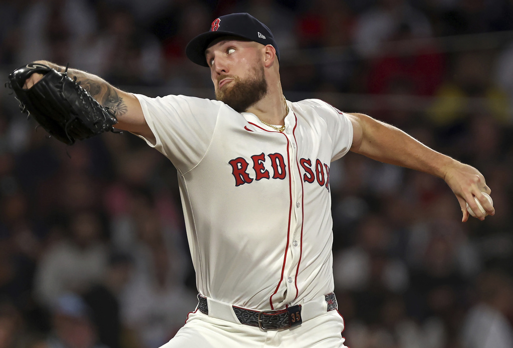 Boston Red Sox pitcher Garrett Crochet throws during a baseball game against the New York Yankees, Sunday, Sept. 14, 2025, in Boston. (AP Photo/Jim Davis)
