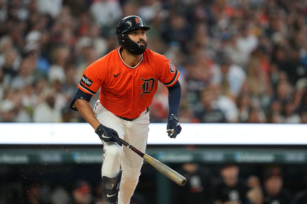 Detroit Tigers' Riley Greene hits a double against the Philadelphia Phillies during the third inning Friday, July 10, 2026, in Detroit. (AP Photo/Paul Sancya)