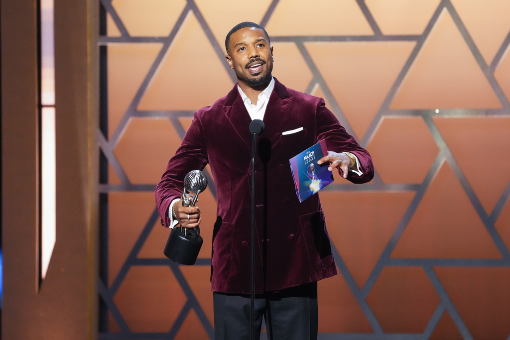 Michael B. Jordan accepts the award for Entertainer of the Year during the 57th NAACP Image Awards on Saturday, Feb. 28, 2026, in Pasadena, Calif. (AP Photo/Chris Pizzello)