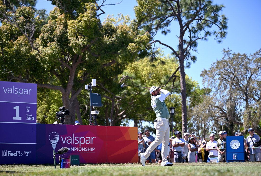 Matthieu Pavon tees off on the first hole during the final round of the Valspar Championship golf tournament Sunday, March 22, 2026, in Palm Harbor, Fla. (AP Photo/Jason Behnken)