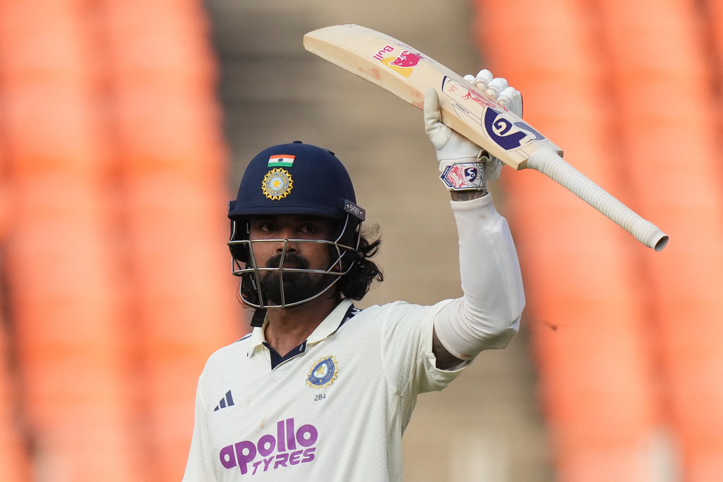 India's KL Rahul celebrates after scoring fifty runs on the first day of the first Test cricket match between India and West Indies at Narendra Modi Stadium in Ahmedabad, India, Thursday, Oct. 2, 2025. (AP Photo/Ajit Solanki)