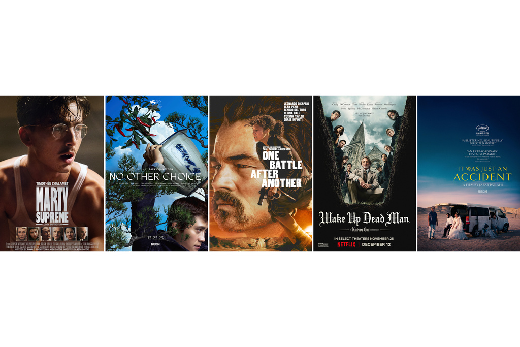 This combination photo shows promotional art for the films, "Marty Supreme," from left, "No Other Choice," "One Battle After Another," "Wake Up Dead Man: A Knives Out Mystery," and "It Was Just an Accident." (A24/Neon/Warner Bros./Netflix/Neon via AP)