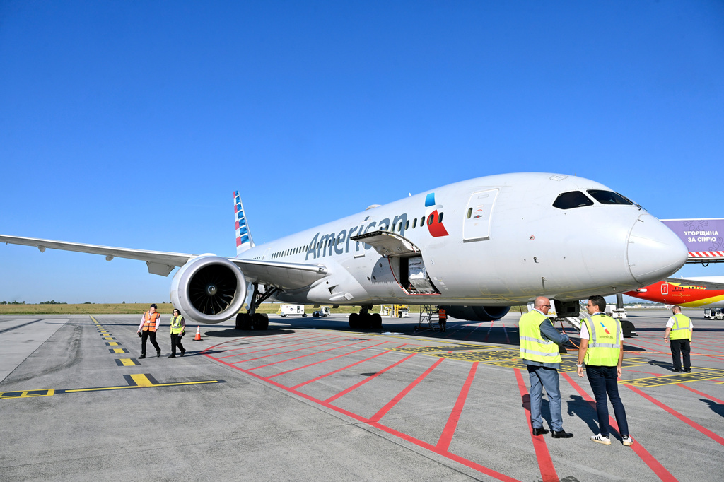 An American Airlines' Budapest-Philadelphia flight is seen during its opening ceremony at Liszt Ferenc International Airport in Budapest, Hungary, Friday, May 22, 2026. (Zoltan Mathe/MTI via AP)