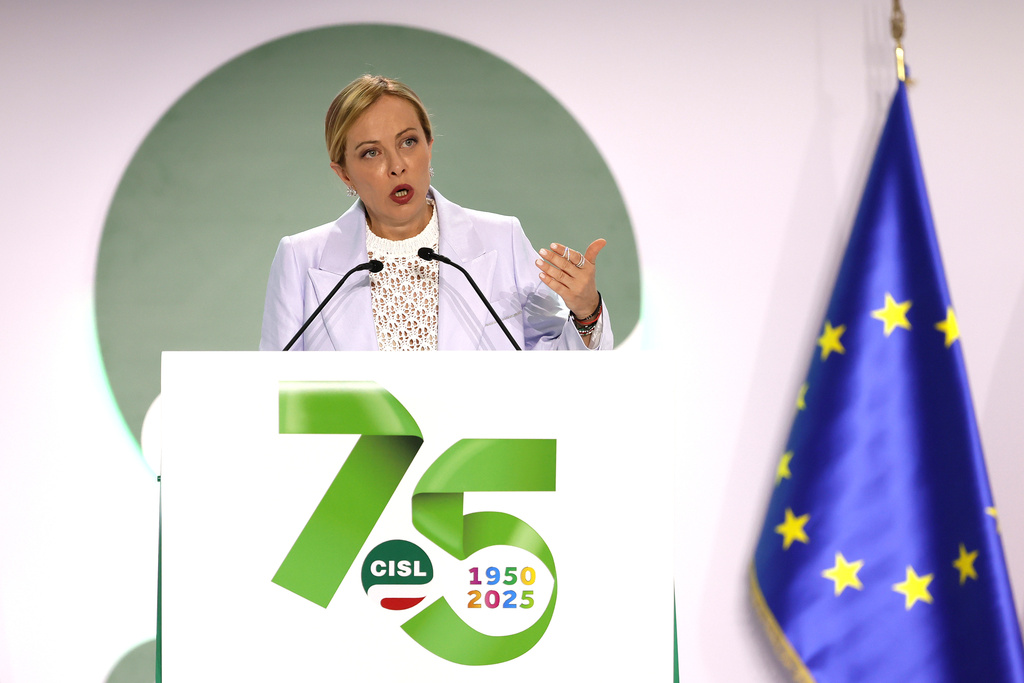 FILE - Italian Premier Giorgia Meloni delivers her speech at the CISL Union meeting in Rome, July 17, 2025. (Cecilia Fabiano/LaPresse via AP, File)