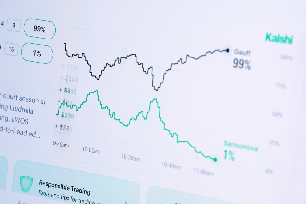 A laptop displays trades on the Kalshi website on Thursday, April 16, 2026, in Portland, Ore. (AP Photo/Jenny Kane)