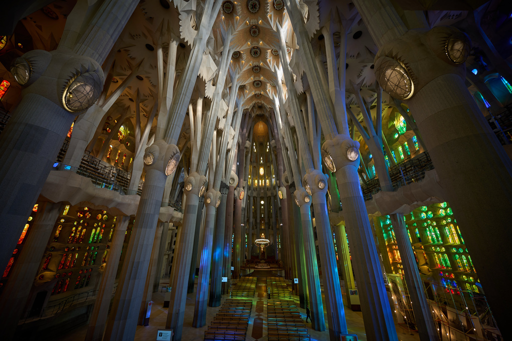 The interior of Antoni Gaudí's iconic Basilica of the Sagrada Familia in Barcelona, Spain, Wednesday, May 20, 2026, ahead of Pope Leo XIV's visit to the city in June. (AP Photo/Emilio Morenatti)