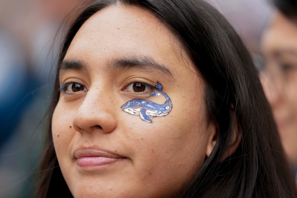 A protestor takes part in a march during World Water Day to demand greater environmental protection and animal welfare, in Santiago, Chile, Sunday, March 22, 2026. (AP Photo/Esteban Felix)