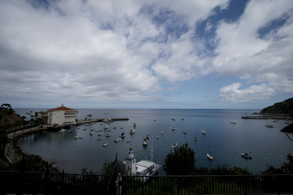 FILE - A view of the harbor on Catalina Island in Avalon, Calif, Saturday, April 18, 2020. (AP Photo/Chris Carlson, File)