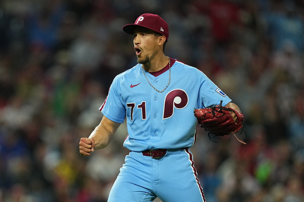 Philadelphia Phillies pitcher Alex McFarlane reacts during the seventh inning of a baseball game against the Milwaukee Brewers, Thursday, Sept. 24, 2026, in Philadelphia. (AP Photo/Matt Rourke)
