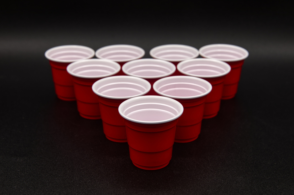 Red plastic cups are arranged in Phoenix, Tuesday, Aug. 25, 2026. (AP Photo/Dario Lopez-Mills)