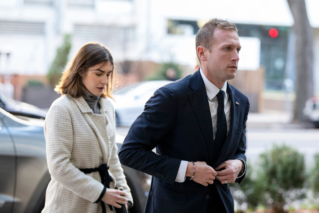 FILE - Rep.-elect Max Miller, R-Ohio, arrives for new member orientation check-in and program registration with Emily Moreno in Washington, Nov. 13, 2022. (AP Photo/Amanda Andrade-Rhoades, File)