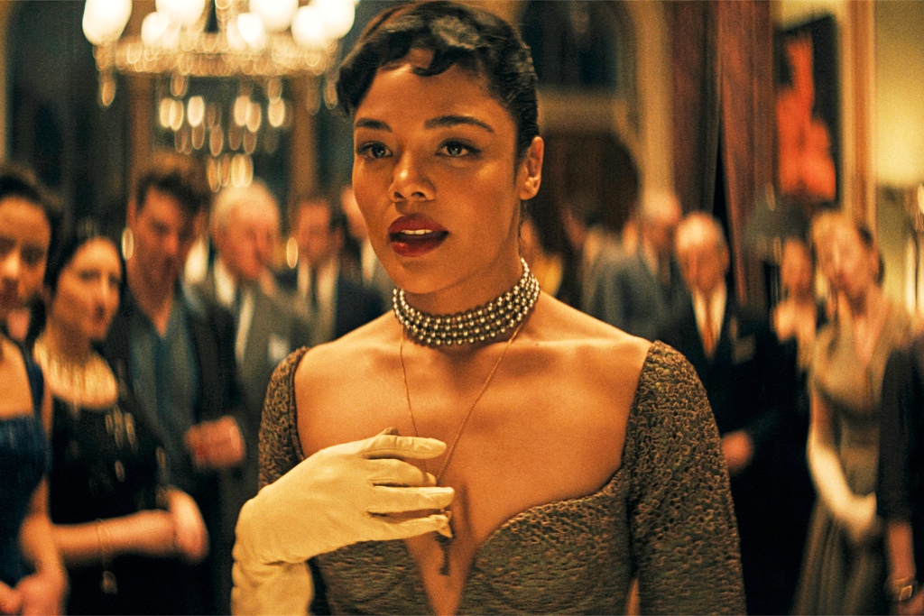 This image released by Prime shows Tessa Thompson in a scene from "Hedda." (Prime via AP)