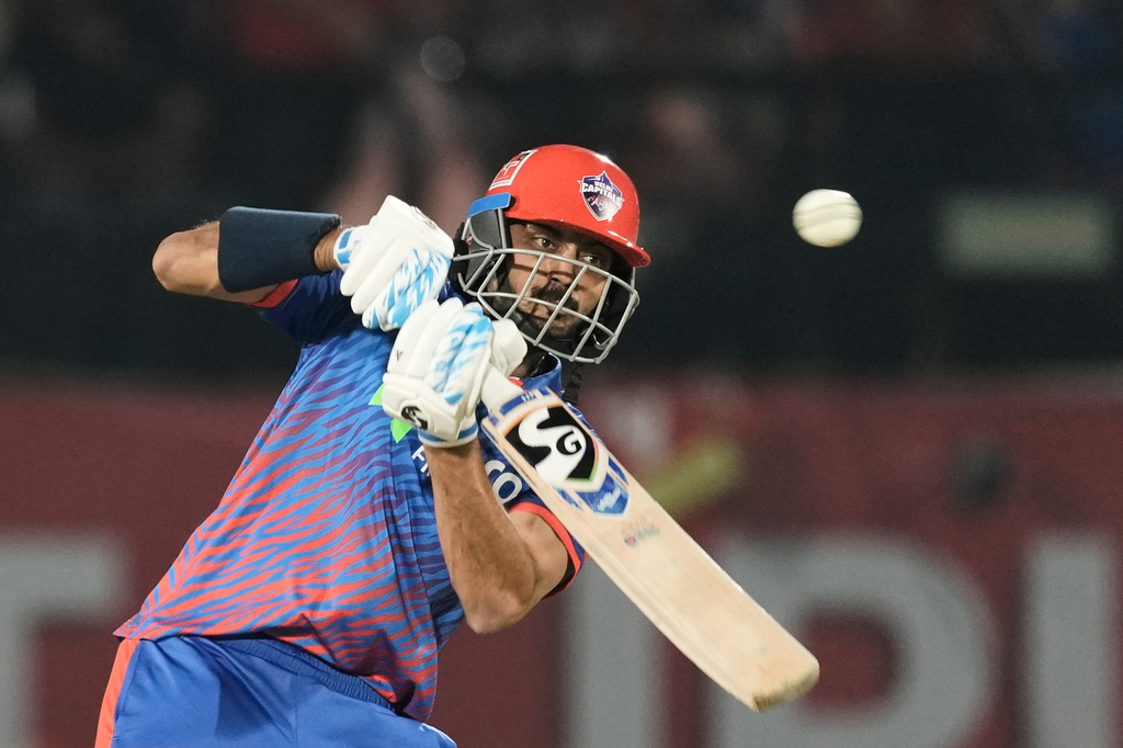 Delhi Capitals' captain Axar Patel plays a shot during the Indian Premier League cricket match between Delhi Capitals and Punjab Kings in Dharamshala, India, Monday, May 11, 2026. (AP Photo/Ashwini Bhatia)