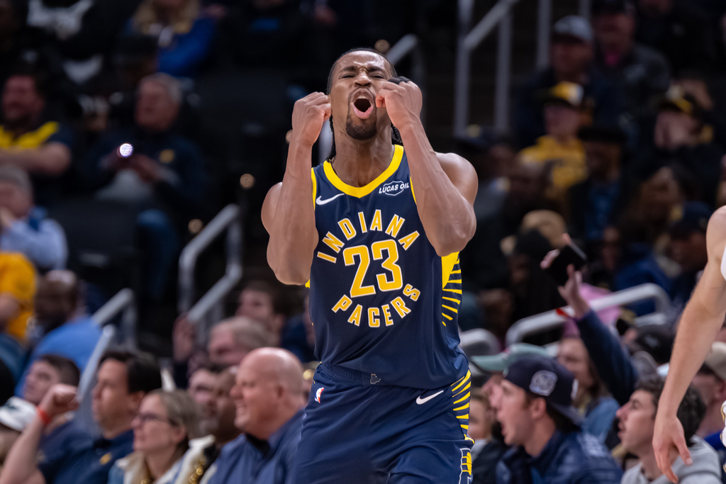Indiana Pacers guard Aaron Nesmith reacts during the second half of an NBA basketball game against the Boston Celtics in Indianapolis, Monday, Jan. 12, 2026. (AP Photo/Doug McSchooler)