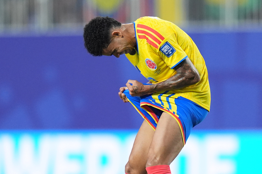 Colombia's Luis Diaz reacts during the World Cup round of 32 soccer match between Colombia and Ghana in Kansas City, Mo., Friday, July 3, 2026. (AP Photo/Jeff Roberson)