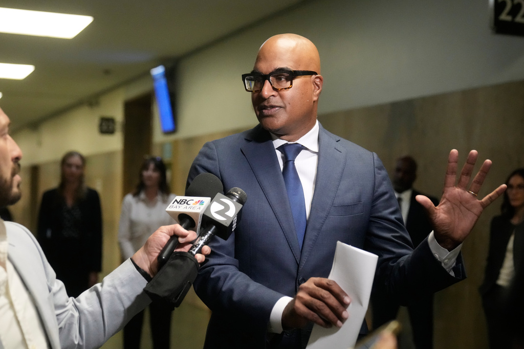 San Francisco Public Defender Mano Raju speaks outside of a courtroom in San Francisco, Tuesday, March 24, 2026. (AP Photo/Jeff Chiu)