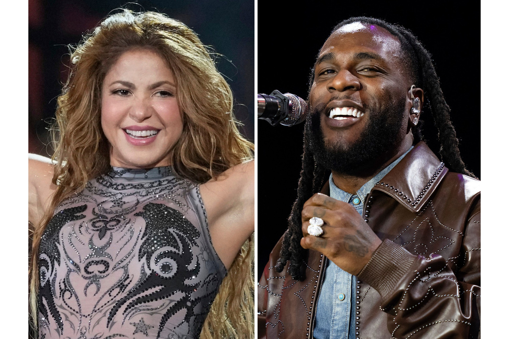 Shakira performs during the Global Citizen Festival in New York on Sept. 27, 2025, left, and Burna Boy performs during the Glastonbury Festival in Somerset, England, on June 30, 2024. (AP Photo)