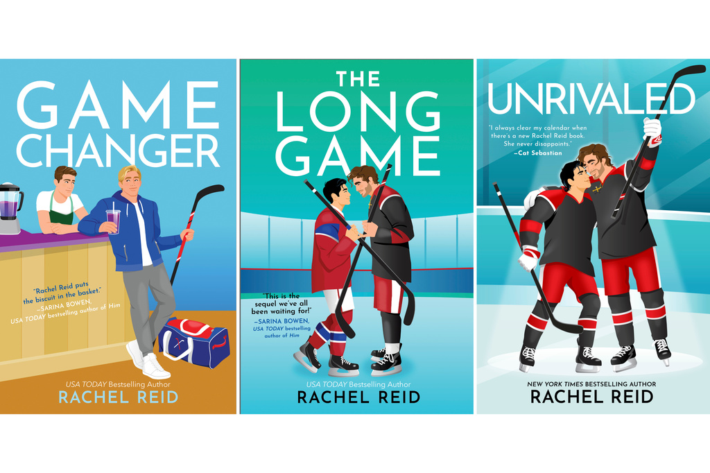 This combination of book cover images released by Carina Press shows three books from the Game Changers series by author Rachel Reid that feature characters Ilya Rozanov and Shane Hollander, from left, "Game Changer," "The Long Game," and the upcoming "Unrivaled." (Carina Press via AP)