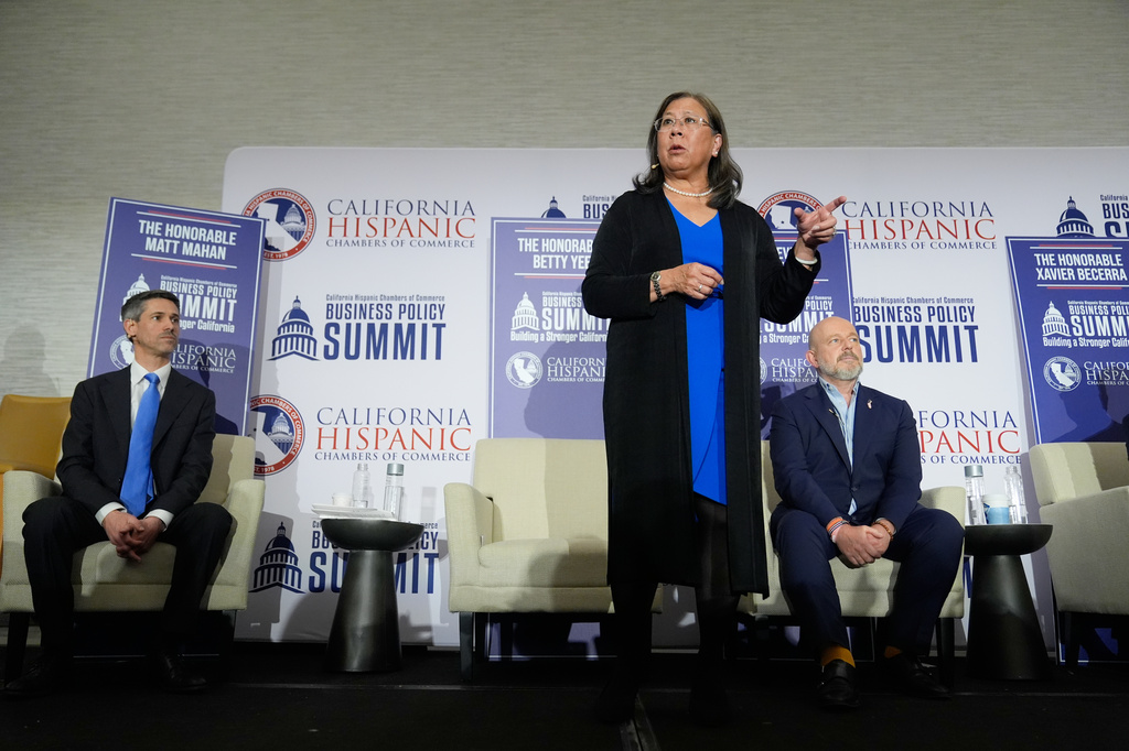Betty Yee speaks during a gubernatorial candidate forum in Sacramento, Calif., Tuesday, April 14, 2026. (AP Photo/Godofredo A. Vásquez)
