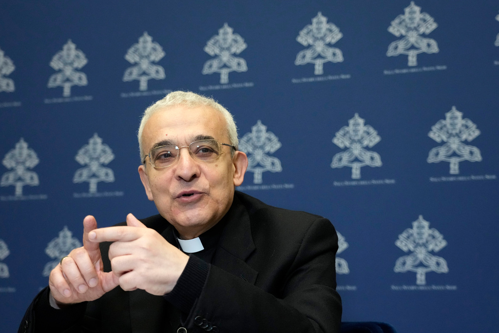 FILE -Archbishop Filippo Iannone, Prefect of the Dicastery for Legislative Texts, attends an interview with the Associated Press at the Vatican press room, March 25, 2023. (AP Photo/Alessandra Tarantino, File)